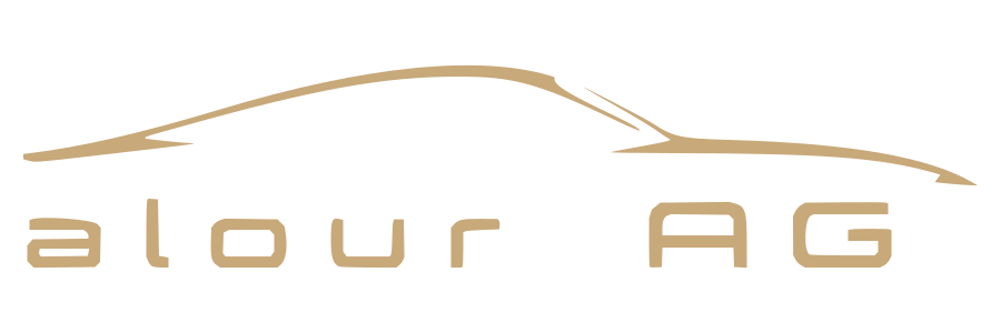 Logo von Alour AG. Goldenes Auto mit Schriftzug