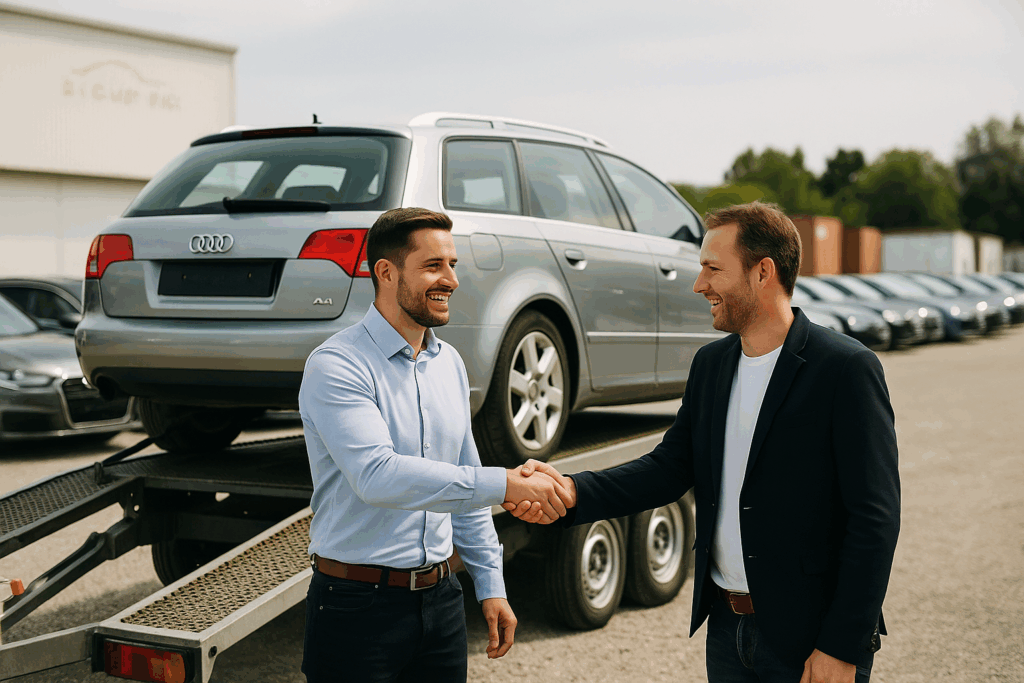 Zwei Männer schütteln sich lächelnd die Hand vor einem silbernen Audi A4, der auf einem Autotransporter verladen ist. Beide wirken zufrieden über den erfolgreichen Geschäftsabschluss. Im Hintergrund sind weitere Autos und das Gebäude der alour AG zu sehen.