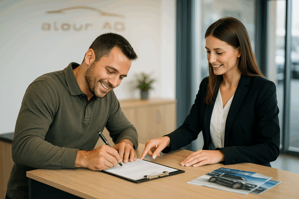 Ein Kunde unterschreibt ein Dokument auf einem Klemmbrett, während eine Beraterin im Business-Outfit freundlich auf das Formular zeigt. Beide sitzen an einem Schreibtisch im Büro der alour AG, auf dem auch Auto-Broschüren liegen. Im Hintergrund ist das Firmenlogo erkennbar.