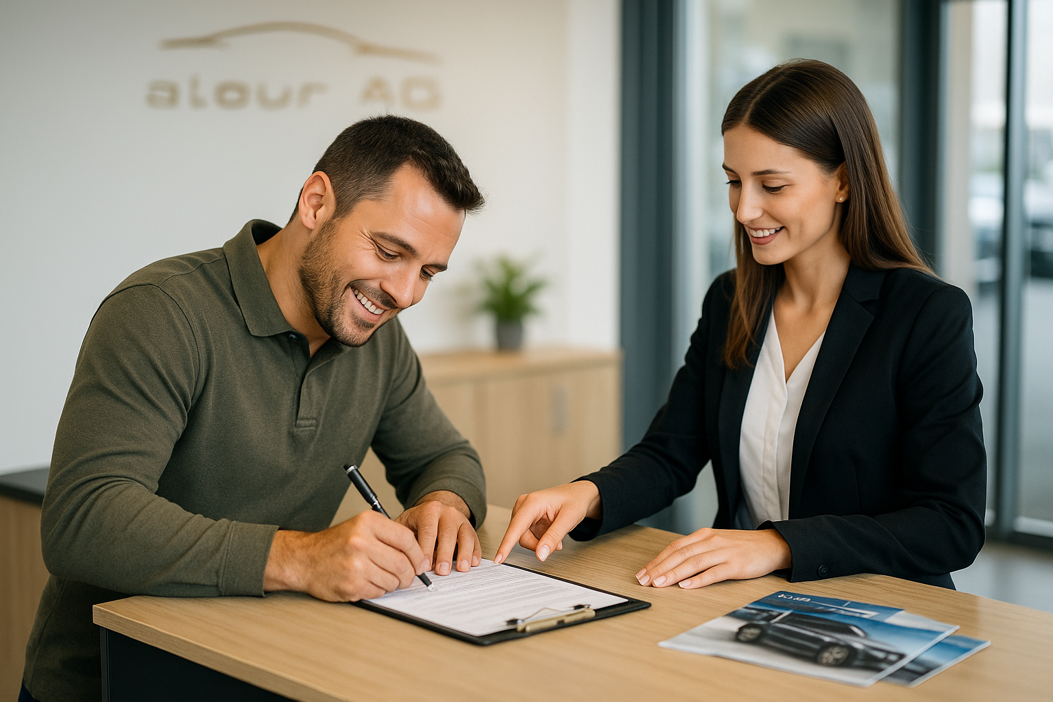 Ein Kunde unterschreibt ein Dokument auf einem Klemmbrett, während eine Beraterin im Business-Outfit freundlich auf das Formular zeigt. Beide sitzen an einem Schreibtisch im Büro der alour AG, auf dem auch Auto-Broschüren liegen. Im Hintergrund ist das Firmenlogo erkennbar.