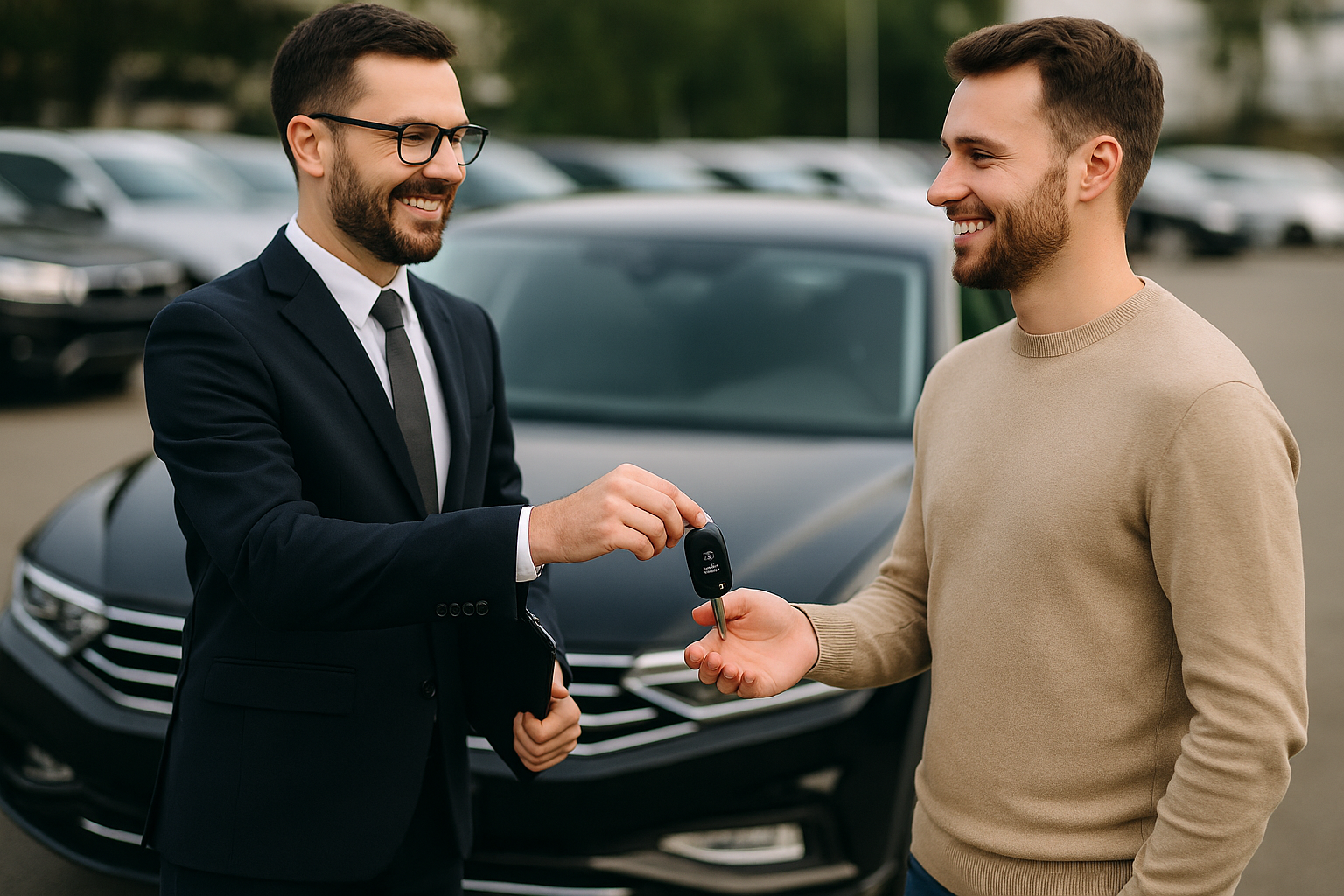 Autoverkäufer im Anzug übergibt einem lächelnden Kunden den Autoschlüssel. Beide Männer wirken zufrieden und geben sich die Handbewegung zur Schlüsselübergabe, im Hintergrund stehen mehrere Fahrzeuge auf dem Platz.